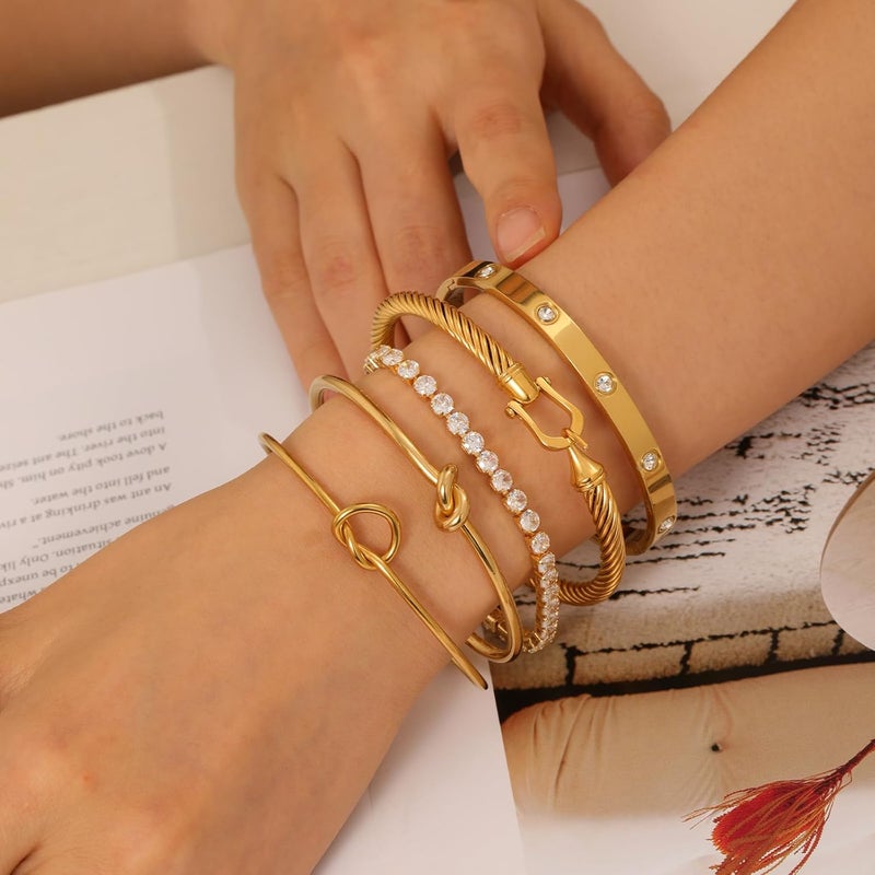 FAFUGA 18 K Gold Plated Love Bangle Bracelet Stack Cuff Jewelry for Women Jewelry Set for Women Gift with Box - Image 3